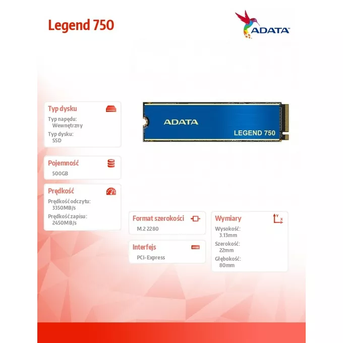Adata Dysk SSD Legend 750 500GB PCIe 3x4 3.35/2.45 GB/s