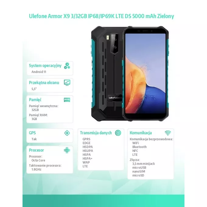 ULEFONE Smartfon Armor X9 5,5&quot; 3/32GB IP68/IP69K 5000 mAh DualSIM zielony