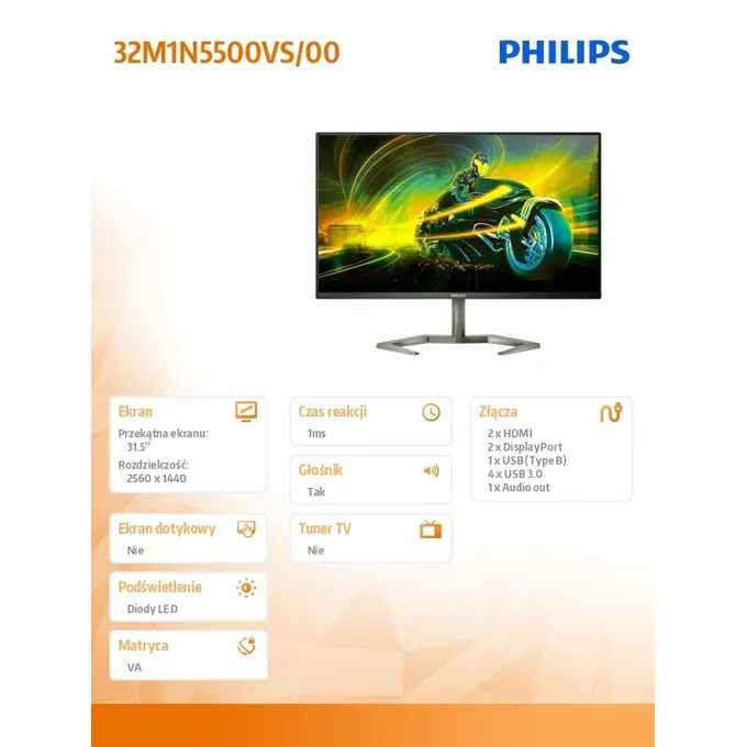 Philips Monitor 32M1N5500VS VA 31.5 cala 165Hz HDMIx2 DPx2 Głośniki
