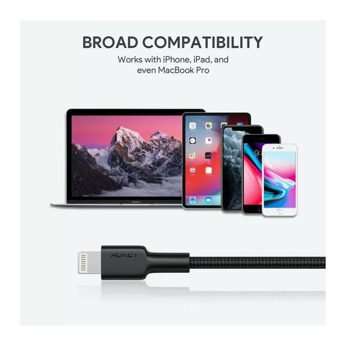 AUKEY CB-CL02 Black nylonowy kabel Lightning-USB C | USB Power Delivery USB-PD | 1.2m | certyfikat MFi Apple