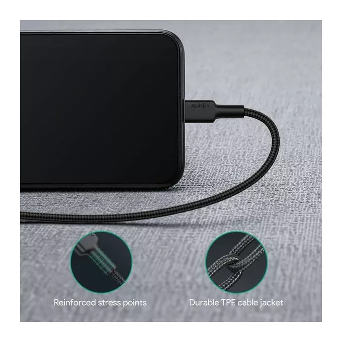 AUKEY CB-CL02 Black nylonowy kabel Lightning-USB C | USB Power Delivery USB-PD | 1.2m | certyfikat MFi Apple
