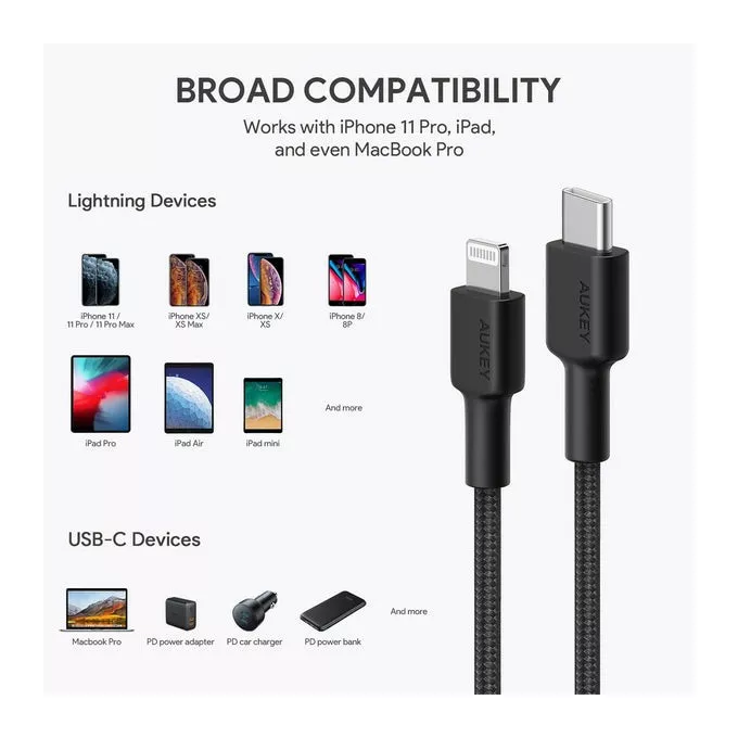 AUKEY CB-CL03 Black nylonowy kabel Lightning-USB C | USB Power Delivery USB-PD | 2m | certyfikat MFi Apple