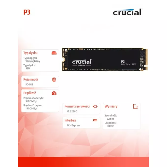 Crucial Dysk SSD P3 500GB M.2 NVMe 2280 PCIe 3.0 3500/1900