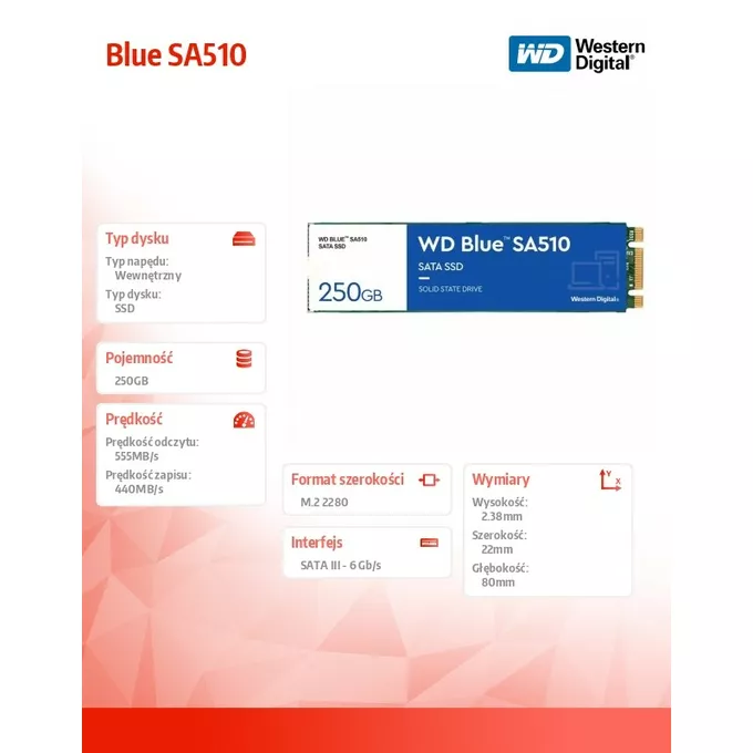 Western Digital Dysk SSD Blue 250GB SA510 M.2 2280 WDS250G3B0B