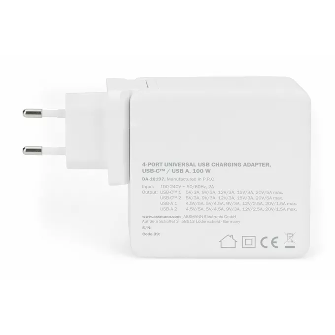 Digitus Uniwersalna 4-portowa ładowarka sieciowa 100W, 2x USB-C, 2x USB-A, PD 3.0 Biała