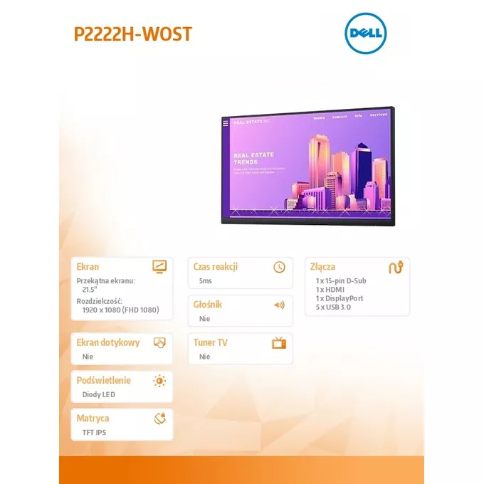 Dell Monitor P2222H-WOST 21.5 IPS LED Full HD (1920x1080) /16:9/HDMI/DP/VGA/5xUSB 3.0/No Stand/3Y PPG