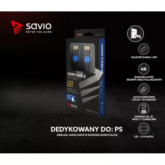 Savio Kabel HDMI 2.0 dedykowany do Playstation niebiesko-czarny 1,8m, GCL-02