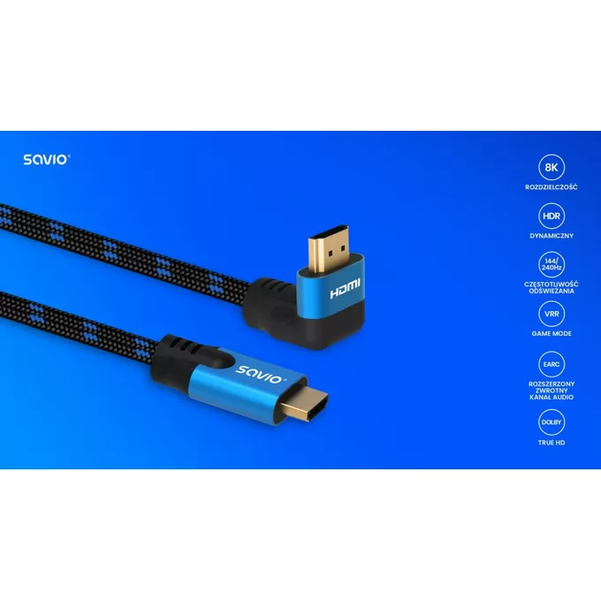 Savio Kabel HDMI (M) v2.1, kątowy, 3m, 8K, miedź, niebiesko-czarny, złote końcówki, ethernet/3D, CL-148