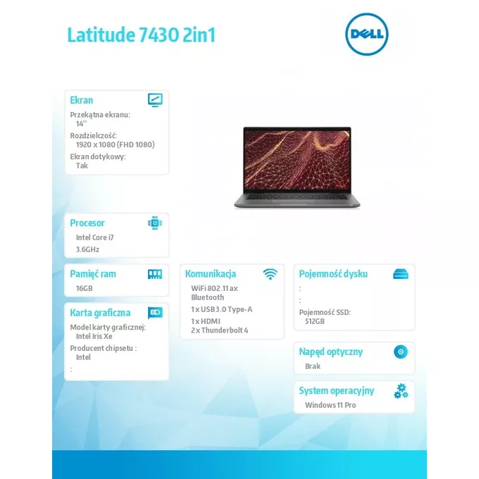 Dell Notebook Latitude 7430 2in1/i7-1265U/16GB/512GB SSD/2in1 14.0 FHD Touch/Iris Xe/ThBlt &amp; FgrPr &amp; SmtCd/IR Cam/Mic/WLAN+BT/Backlit Kb/4Cell/W11Pro/vPro