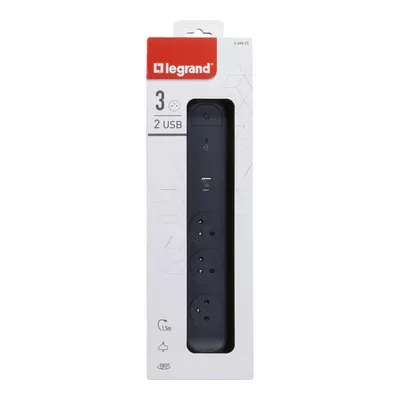 Legrand Przedłużacz 3x2PZ + USB A/C 1,5m czarny