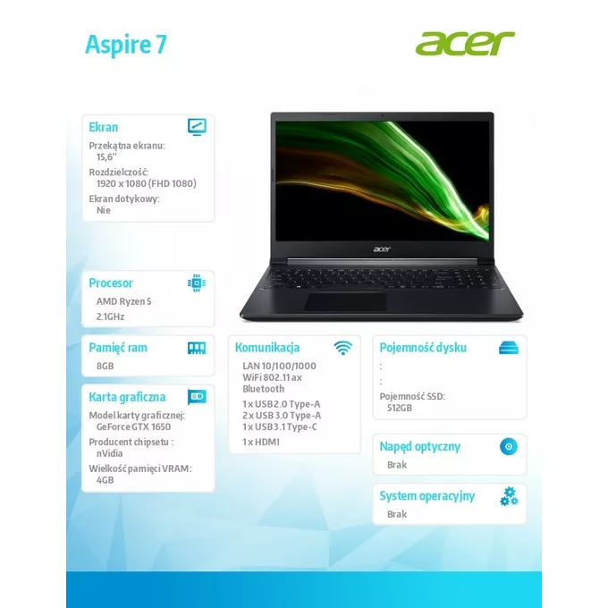 Acer Notebook Aspire 7 A715-42G-R4LF ESHELL/R5-5500U/8GB/512SSD/RTX1650/15.6