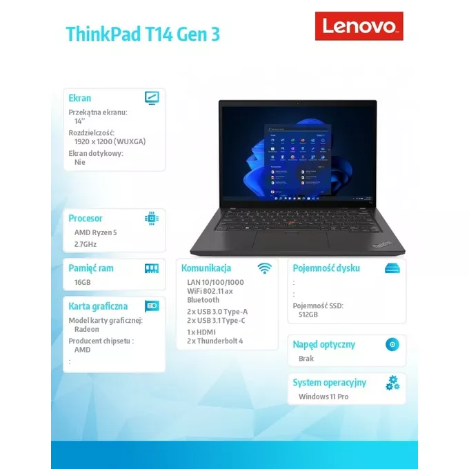 Lenovo Ultrabook ThinkPad T14 G3 21CF0036PB W11Pro 6850U/16GB/512GB/INT/14.0 WUXGA/Villi Black/3YRS Premier Support
