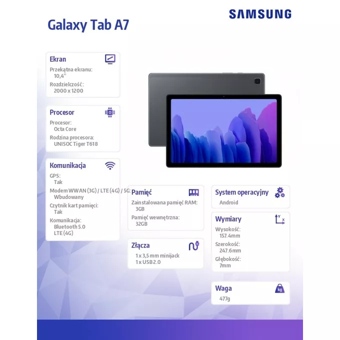 Samsung Tablet Galaxy Tab A7/22 10,4 T509 LTE 3/32GB Szary