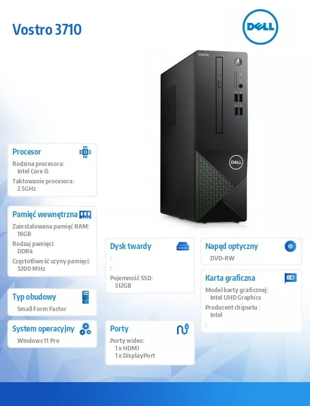 Dell Komputer Vostro 3710 SFF Win11Pro i5-12400/16GB/512GB