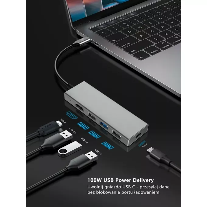 TB Adapter HUB USB C 7w1 - HDMI, USBx3, PD, SD/TF