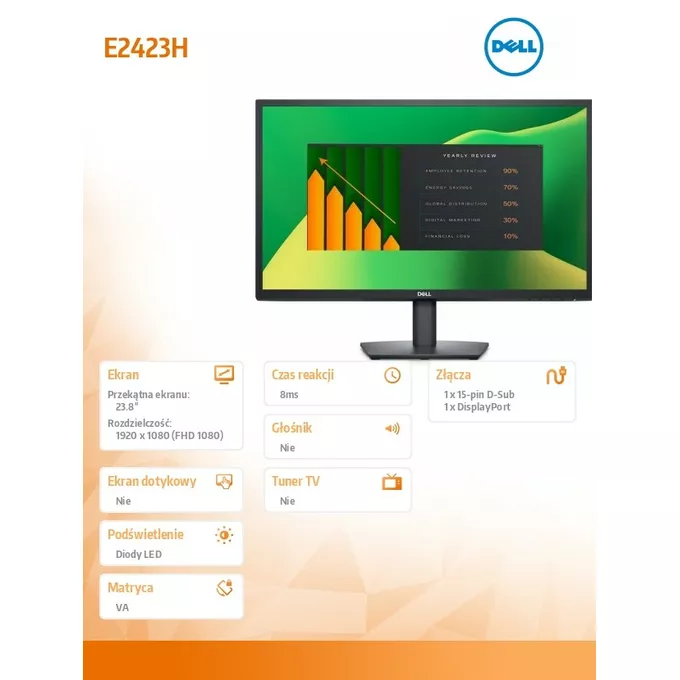 Dell Monitor E2423H 23.8 cali VA LED Full HD (1920x1080) /16:9/VGA/DP/3Y AES