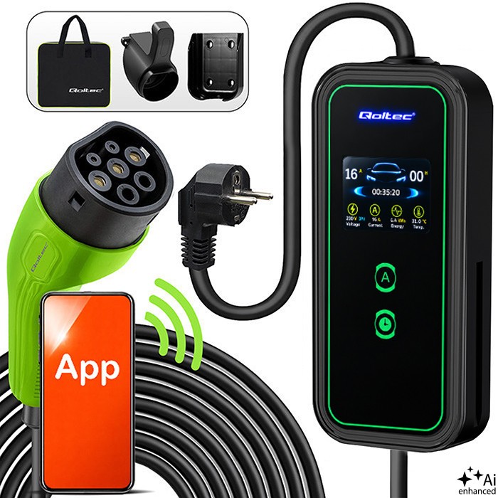 Qoltec Mobilna ładowarka do samochodu EV z regulacją 2w1 Typ2 | 3.5kW | 230V | WiFi | LCD | Przenona | Wallbox | 5m