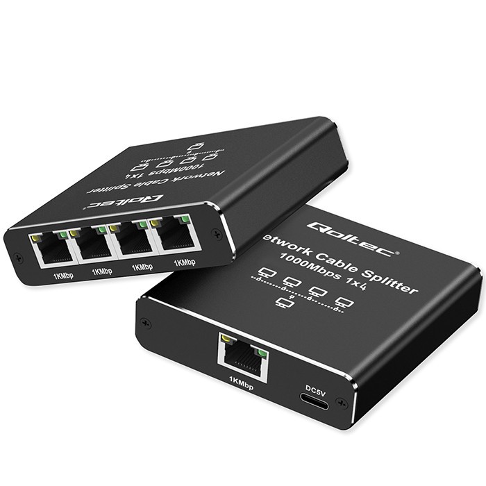 Qoltec Rozdzielacz splitter Ethernet mini SWITCH 1x4 RJ45 | 1000Mb/s | USB-C | Aluminium