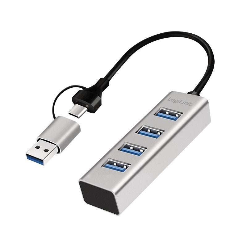 LogiLink Hub USB 3.0, 4x USB-A, 5 Gb/s, przewód 2w1 USB-A/USB-C, srebrny