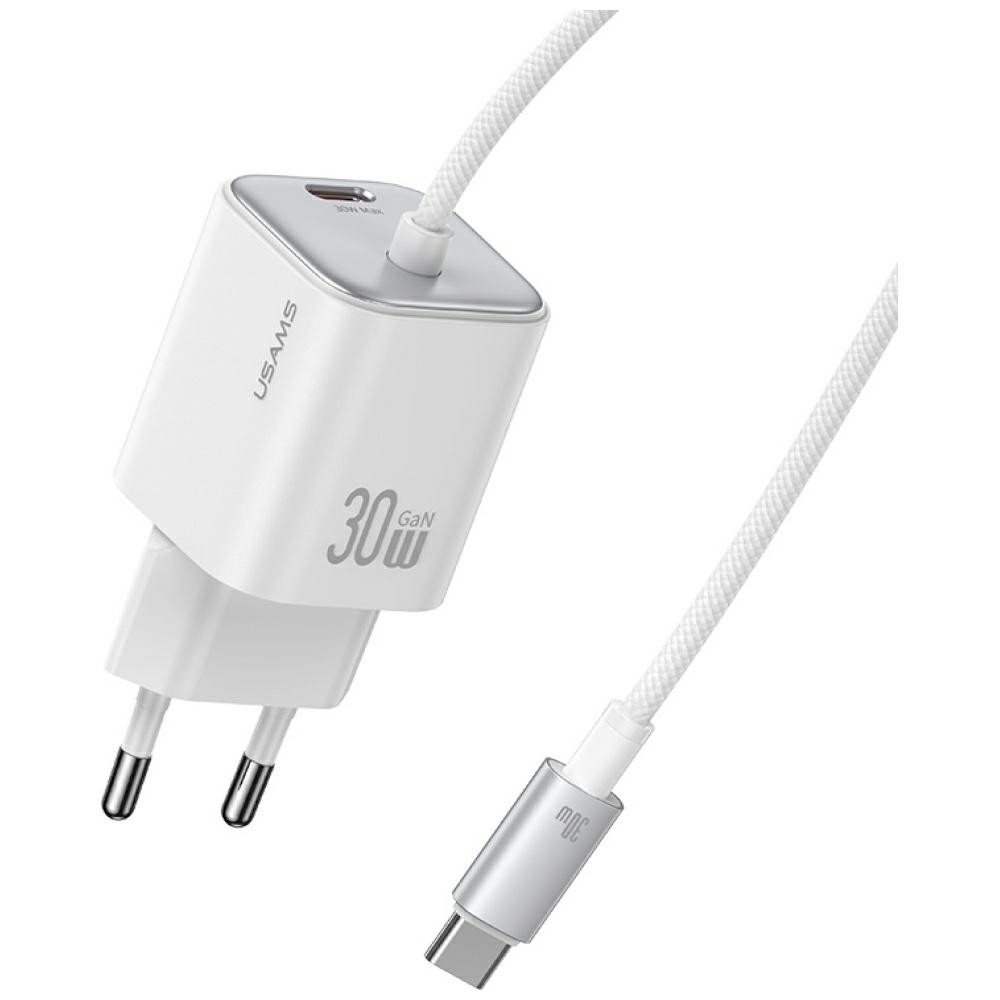 USAMS Ładowarka sieciowa JC Series CC264 30W GaN Fast Charge wbudowany kabel USB-C biała