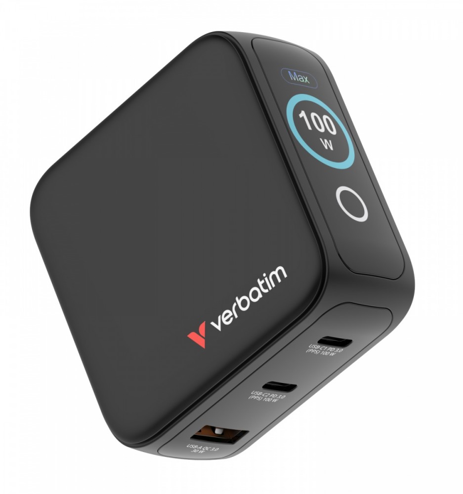 Verbatim Ładowarka Mini GaN 100W Smart TFT 2xUSB-C 1xUSB-A UE/UK/USA