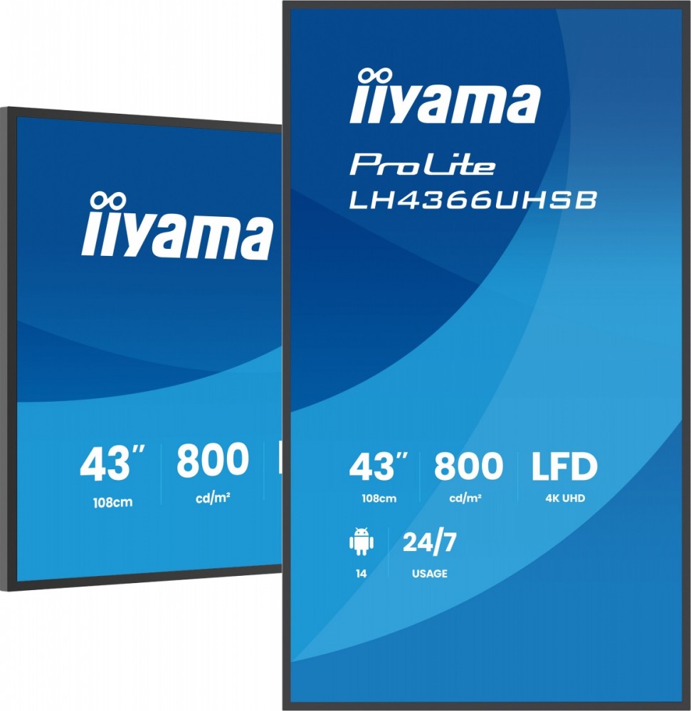 IIYAMA Monitor profesjonalny 43 cale LH4366UHSB-B1AG 4K, VA, A14, 800cd, 4000:1, 6,5ms,2xHDMI, USB-C, RJ45, 2xUSB, 2x10W, WiFi, iiSignage2, RAM: 4GB,