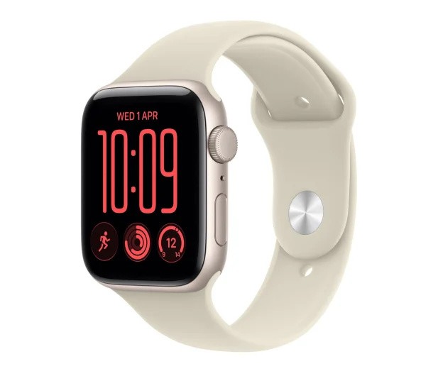 Apple Smartwatch Watch SE 3 GPS, koperta 44mm z aluminium w kolorze księżycowej poświaty, pasek sportowy w kolorze piaskowym - rozmiar S/M