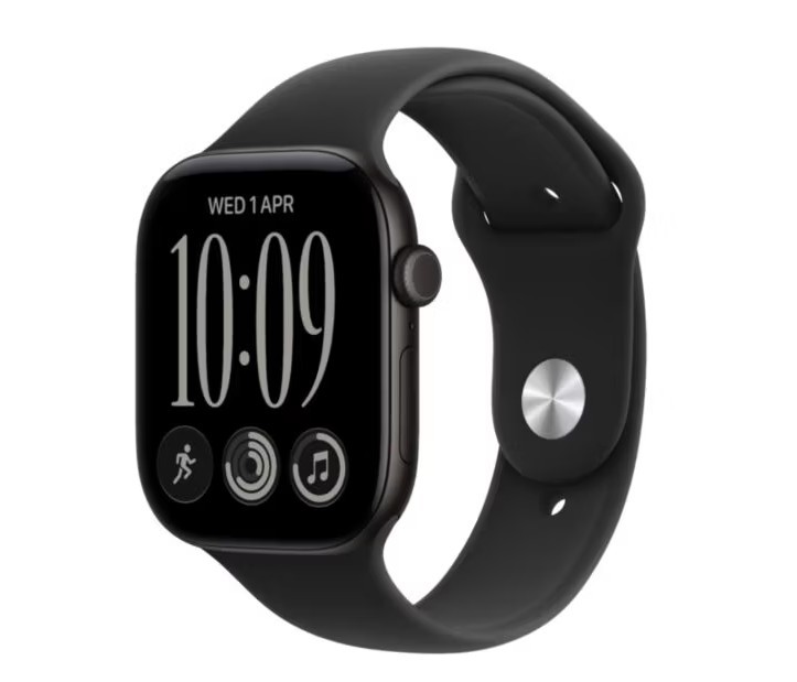 Apple Watch seria 12 GPS, koperta 46 mm z aluminium w kolorze czarnym, pasek sportowy w kolorze czarnym - rozmiar S/M