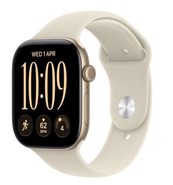 Apple Watch seria 12 GPS, koperta 46 mm z aluminium w kolorze jasnego złota, pasek sportowy w kolorze piasku - rozmiar S/M