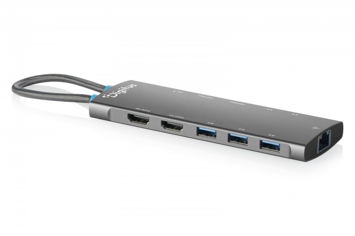 Digitus Stacja dokująca USB-C 11-portowa, HDMI 8K/30Hz + HDMI 4K/60Hz, 3x USB-A + 2x USB-C 3.2 Gen1, 2x USB-A 2.0, RJ45, Power Delivery 100W, MST/SST