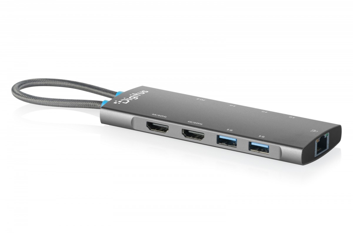 Digitus Stacja dokująca USB-C 9-portowa, 2x HDMI 4K/60Hz, 4x USB-A + 1x USB-C 3.2 Gen1, RJ45 Gigabit, Power Delivery 100W, MST/SST, kabel 18cm