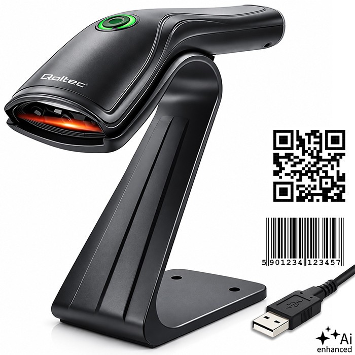 Qoltec Czytnik kodów kreskowych 1D 2D + stojak na skaner | QR | EAN | USB
