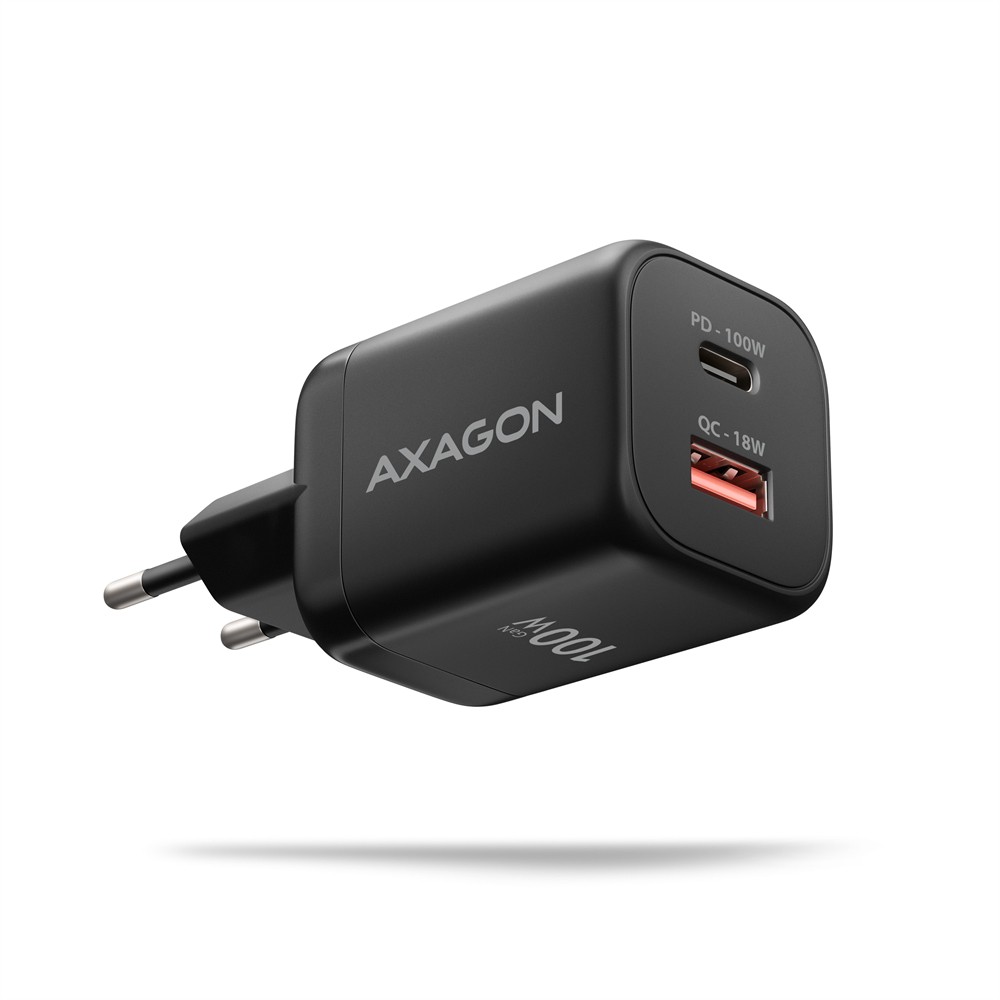 AXAGON Ładowarka sieciowa ACU-PQ100 GaN 100W, 2x port (USB-C + USB-A), PD3.0/PPS/QC4+, mini, czarna