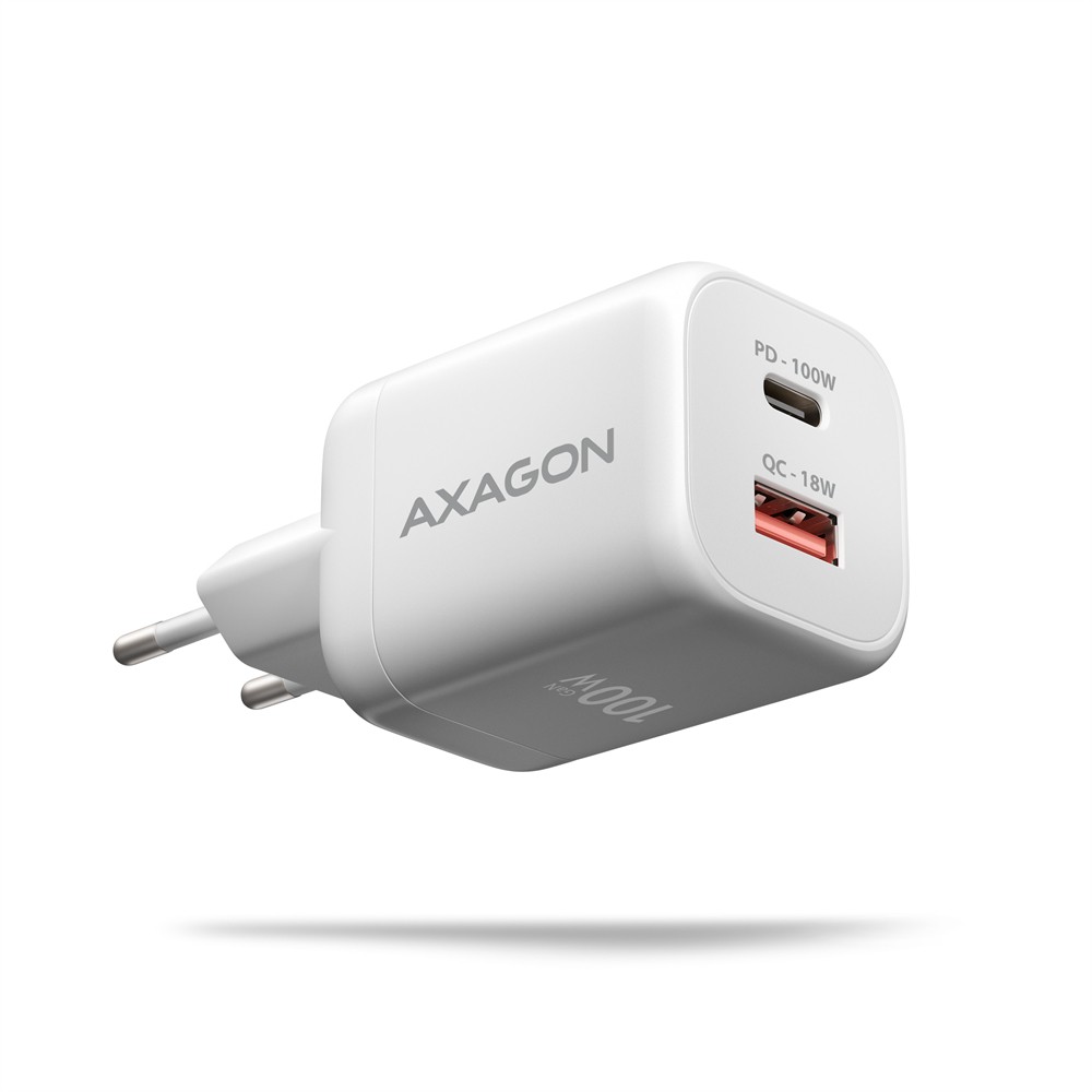 AXAGON Ładowarka sieciowa ACU-PQ100W GaN 100W, 2x port (USB-C + USB-A), PD3.0/PPS/QC4+, mini, biała