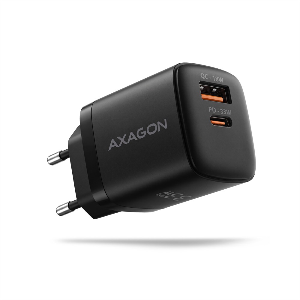 AXAGON Ładowarka sieciowa ACU-PQ33 GaN 33W, 2x port (USB-C + USB-A), PD3.0/PPS/QC4+, czarna