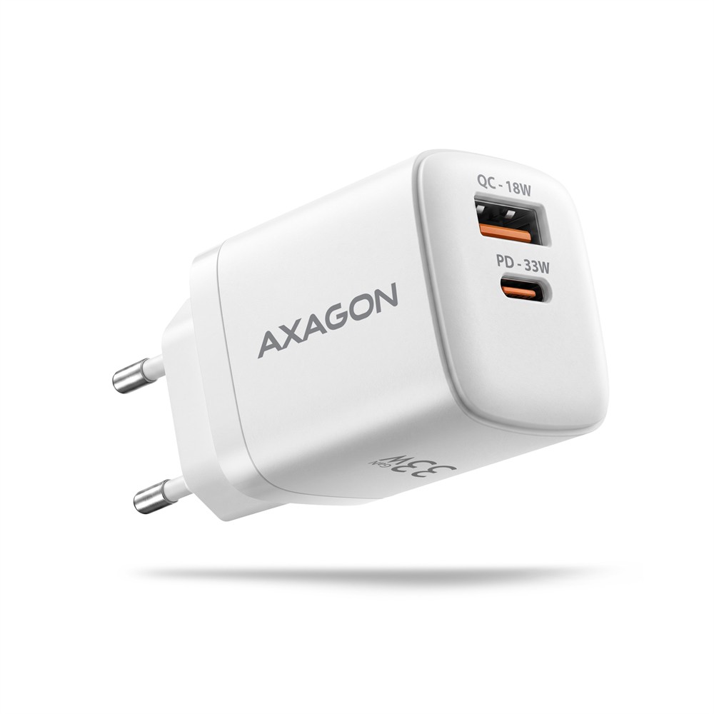 AXAGON Ładowarka sieciowa GaN 33W ACU-PQ33W, 2x port (USB-C + USB-A), PD3.0/PPS/QC4+, biała