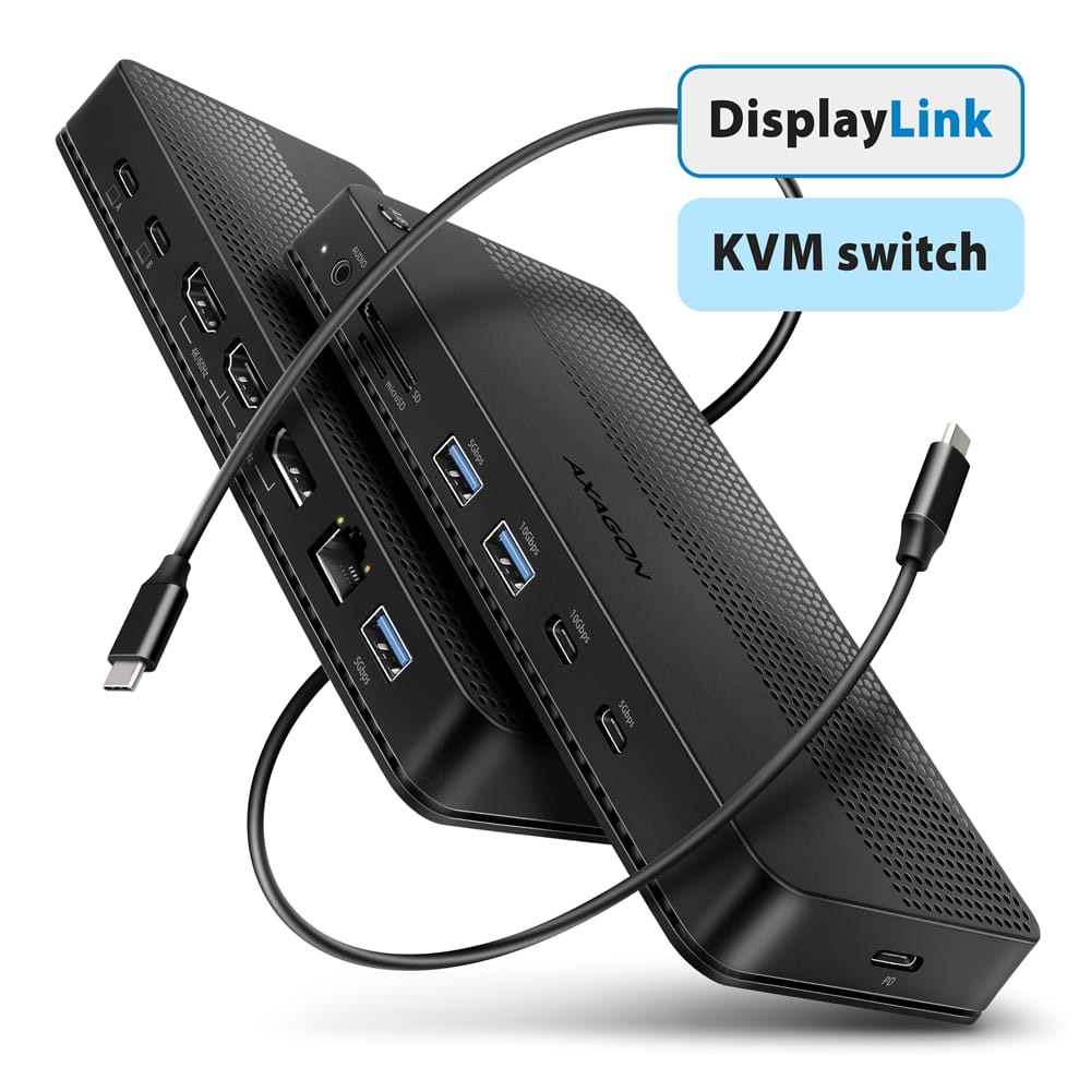 AXAGON Stacja dokująca USB-C HMC-DL-KVM 12w1 + KVM 2 PC, DisplayLink, 10Gbps, 3x USB-A, 2x USB-C, 2x HDMI 4K/60Hz, DP, LAN 1Gbps, SD/microSD, audio, P