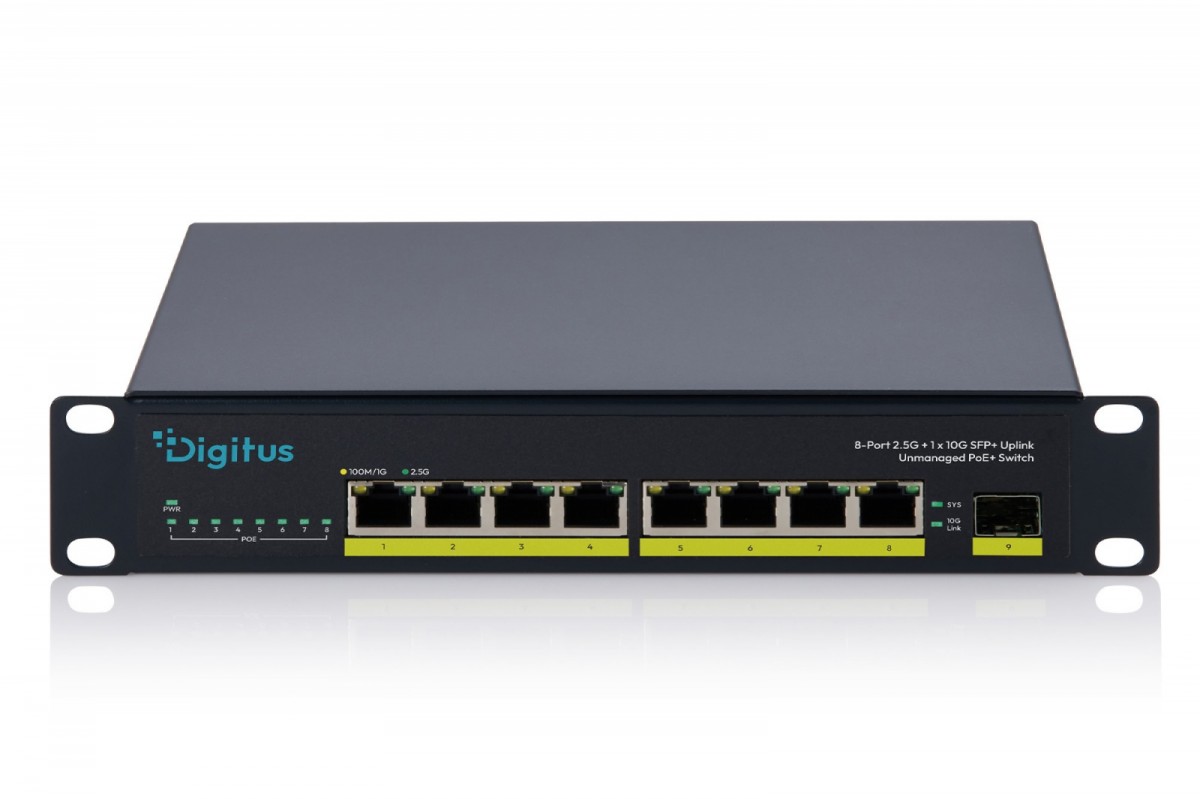 Digitus Przełącznik sieciowy niezarządzalny PoE+ 10" 8x RJ45 2.5G, 1x SFP+ 10G, 60Gbps, budżet 80W, 802.3af/at, metalowy, bez wentylatora, Plug&Play
